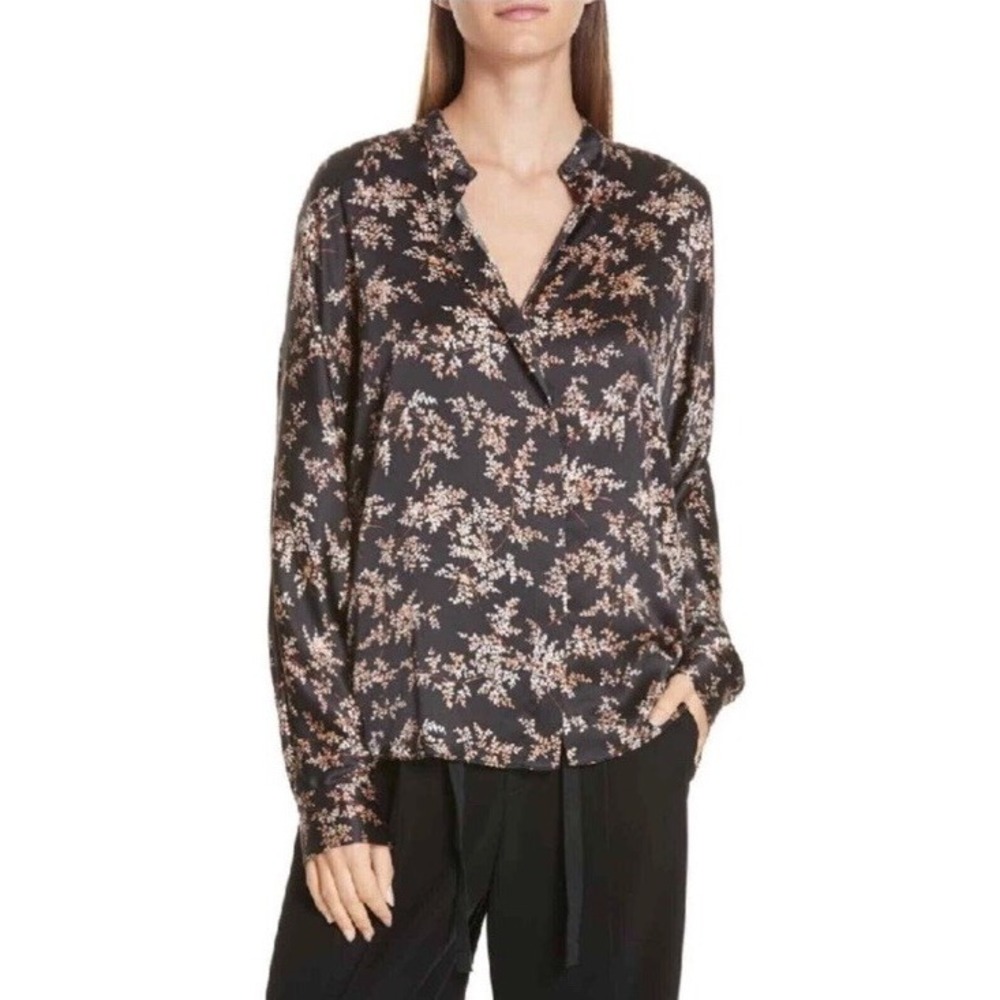 Vince Eden Leaf Branch Silk‎ Popover Shirt Blouse Top Women's Medium MSRP $325